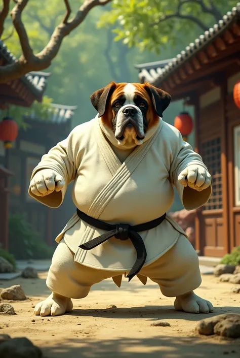 Saint Bernard judo dog wearing a white kimono in a Shrek-style dojo 