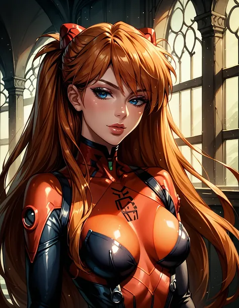 Dark Fantasy Art of score_9, score_8_up, score_7_up, rating_questionable, fantasy, lighting, epiCPhoto 1girl, solo, very sexy (Asuka Langley Soryu, orange hair, long flowing hair, hair ornament, plugsuit:1.3), flirt, gaze, sexy look, half-closed eyes, head...