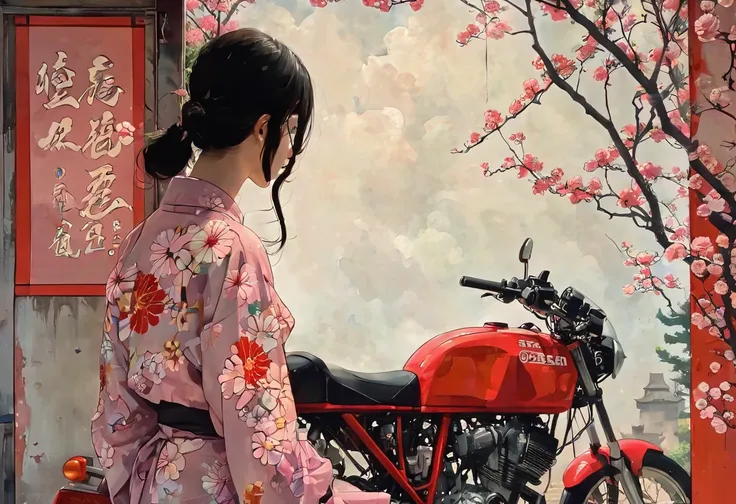 girl riding a ducati motorcycle、motorcycle design featuring traditional japanese patterns、a beautiful girl wearing a racing suit...