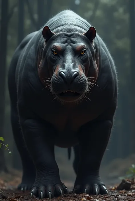 Mix of dangerous Black phanter with hippo with muscular body and agresive face 