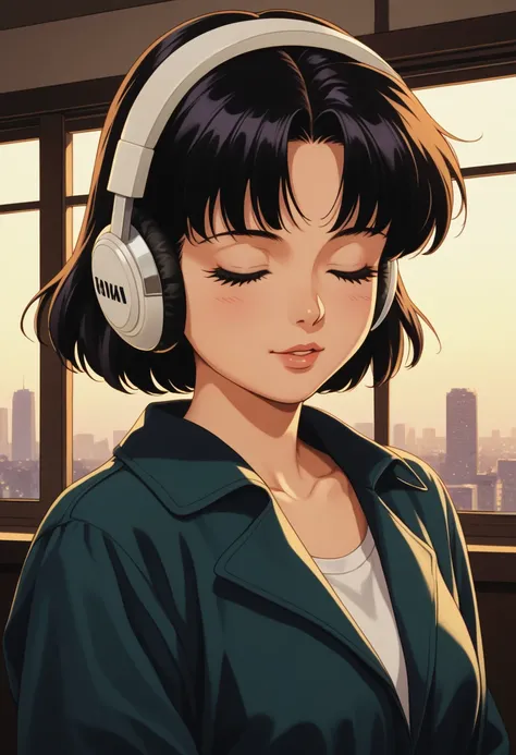 Detailed and detailed depiction, cel style, vivid details, retro anime, 90s anime, VHS picture quality, moody lighting, girl in the twilight of the night city of Tokyo, the girl wears headphones, eyes closed, beautiful black hair with short hair