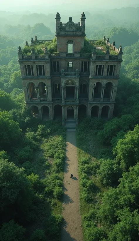 The camera pans over a abandoned big with crumbling structures and overgrown vegetation.top view