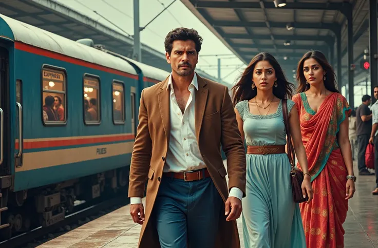 A striking cinematic poster featuring a refined family of four standing amidst the hustle and bustle of a bustling train station. The father, the charming man, leads the way with a furrowed brow, reflecting his apprehension for their life-altering journey....