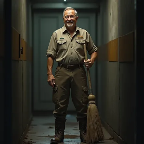 janitor with a broom, Russian, man, in work clothes, smiling