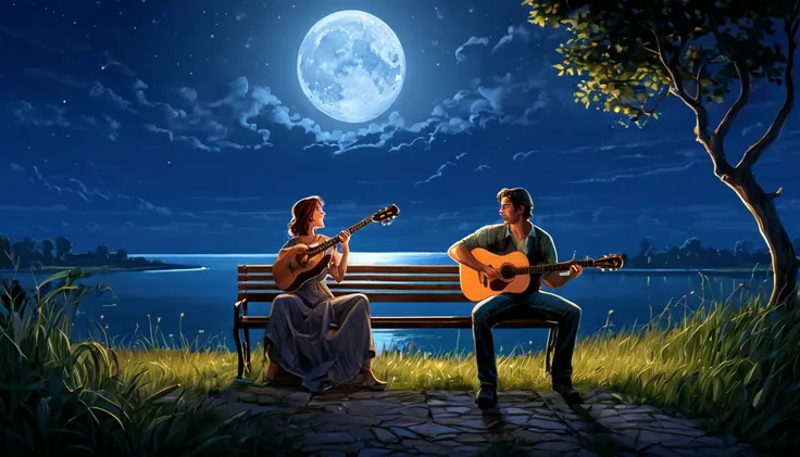 The moonlight is beautiful　There is a man sitting on a bench playing the guitar and a woman next to him listening.。, Background artwork, Game illustrations, Cover illustration, quiet night. Digital Illustration, Published art, Lads and Lois Van Baarle, sty...