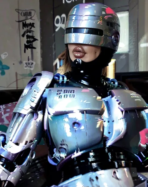 Female RoboCop, big breasts, beautiful woman, sexy body, lying down, on her back, her body is graffitied. Dirty.