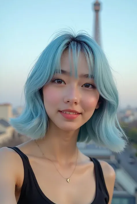 Create a new woman from this image she is 20 years old she is naturally beautiful she was asian girl she has a pastel blue bob haircut with bangs she has well-defined eyebrows she has a black tank top she is taking a selfie in Paris 