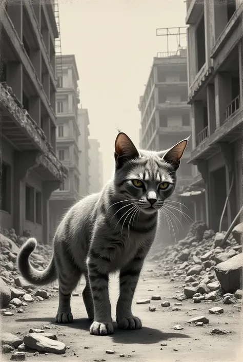 Style - Old Charcoal Drawing on Canvas. Drawing. An exhausted cat catches the beam of a Terminator&#39;s laser sight on the street of a ruined city..
