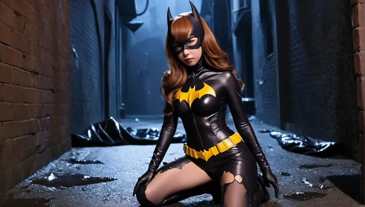 a cute yuna (age 25, in the role of batgirl, sexy damaged and torn outfit, struggling) went to investigaye a crime and was attac...