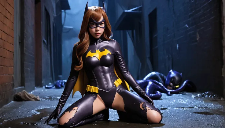 a cute yuna (age 25, in the role of batgirl, sexy damaged and torn outfit, struggling) went to investigaye a crime and was attac...