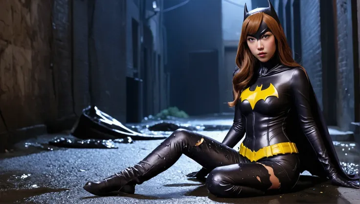 a cute yuna (age 25, in the role of batgirl, sexy damaged and torn outfit, struggling) went to investigaye a crime and was attac...