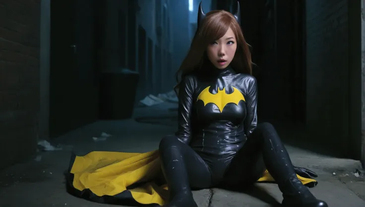 a cute yuna (age 25, in the role of batgirl, sexy damaged and torn outfit, struggling) went to investigaye a crime and was attac...