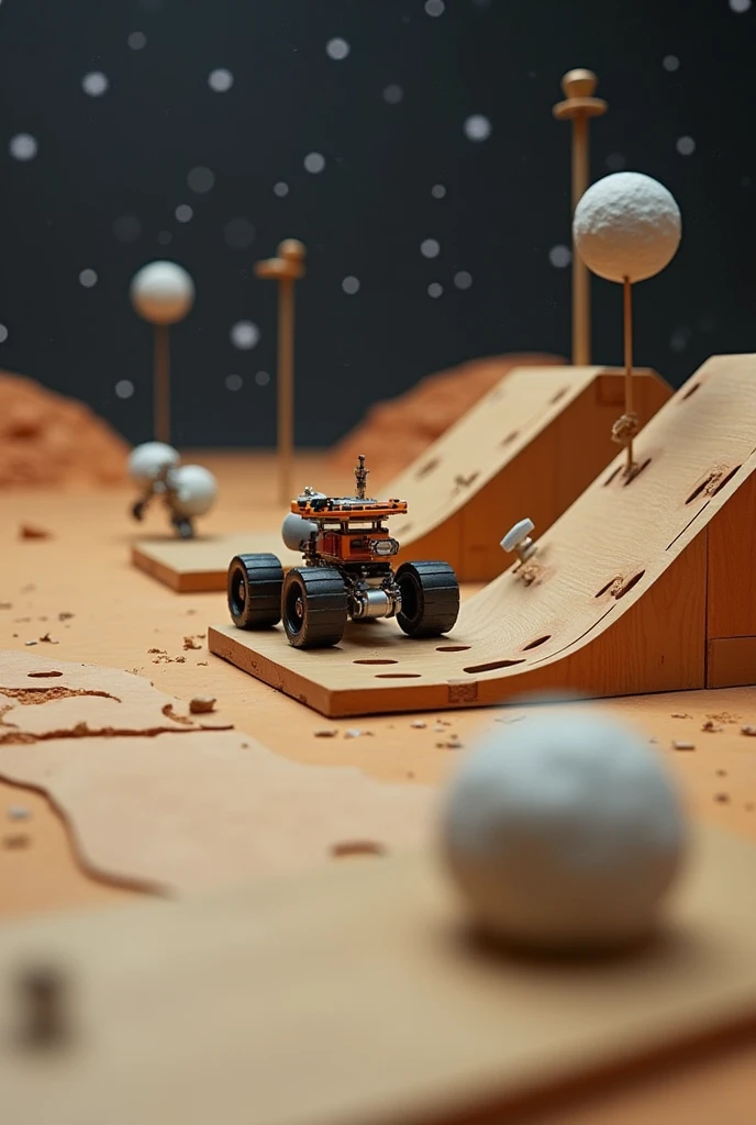 Model to simulate the gravitational conditions of Mars and the Moon:

### Materials Needed for the Model:

1. **Base of the model**:
   - A sturdy wooden or plastic board to serve as a base.
   - Suggested dimensions: 1 meter long x 0.5 METERS WIDE.

2. **...