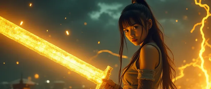 Dark, Masterpiece,HDR, Realistic, cenematic lights, a hot girl in ripped school uniform holding a huge glowing golden sword at the right side of the image ,long straight hairs ,night,  fighting ,future , highly detailed background ,yellow electricity 