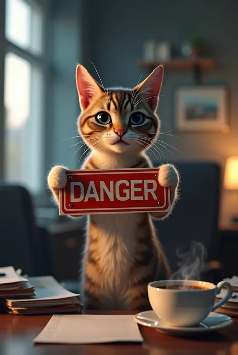 A CGi cat holds a sign in its paws on the "Danger" is standing. An office can be seen in the background. Auf einem Schreibtisch liegen Akten und eine Tasse Kaffee is standing dabei. Unreal engine 5 cinematic raw 8k. Cinematic lighting