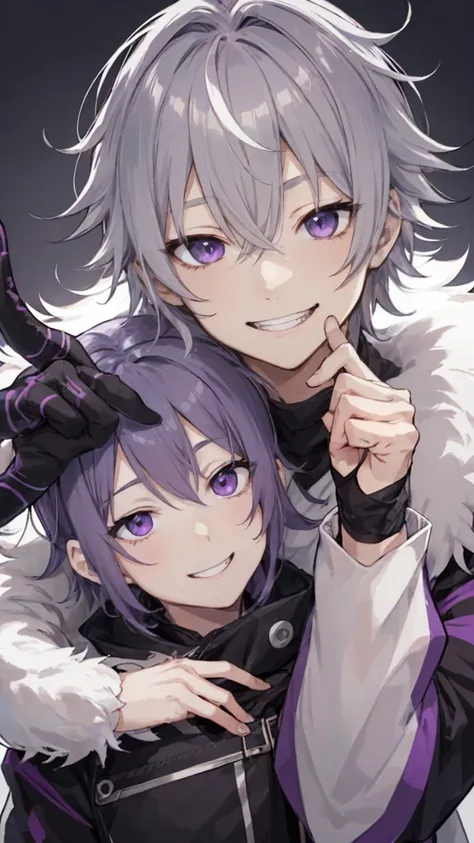 male、Only 1 person、solo、Gray-haired、purplish white eyes、Crazy Smile、Short, unkempt hair、Portraiture 、good looking 、Hair covering the right eye、Wicked Smile、dark、short