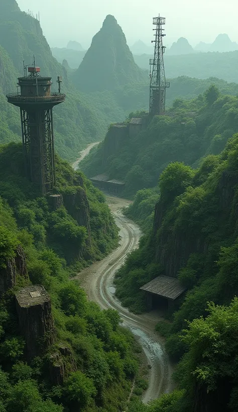 The camera pans over a abandoned satellite station  with crumbling structures and overgrown vegetation.top view