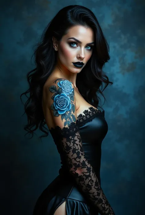 beautiful sexy female in her early 40, black lipstick, slim body, long black lace and leather dress with slits showing legs, face with extremely beautiful feminine features, long black hair, blue eyes, beautiful blue roses and lace tattoos on arms and shou...