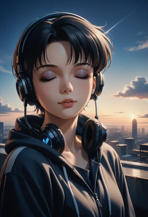 Detailed and detailed depiction, cel style, vivid details, retro anime, 90s anime, VHS picture quality, moody lighting, girl in the twilight of the night city of Tokyo, the girl wears headphones, eyes closed, beautiful black hair with short hair