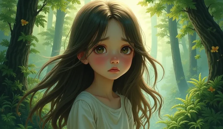 One girl, Long Hair, Highest quality, Bob Hair, I want to cry, Illustration、forest