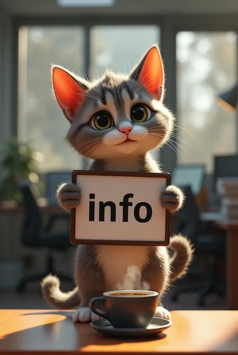 A CGi cat holds a sign in its paws on the "INFO" is standing. An office can be seen in the background. Auf einem Schreibtisch liegen Akten und eine Tasse Kaffee is standing dabei. Unreal engine 5 cinematic raw 8k. Cinematic lighting