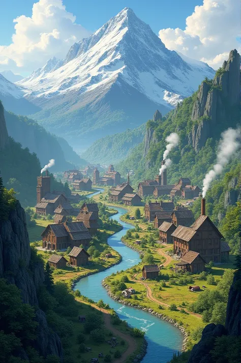 Create a city at the foot of a mountain. The mountain will be big and there needs to be snow on the top, in the middle of the mountain there is low vegetation and below there is vegetation with trees. The city houses will be made of wood, the city must hav...