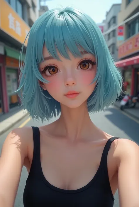 Create a new woman from this image she is 20 years old she is naturally beautiful she was asian girl she has a pastel blue bob haircut with bangs she has well-defined eyebrows she has a black tank top she is taking a selfie in street