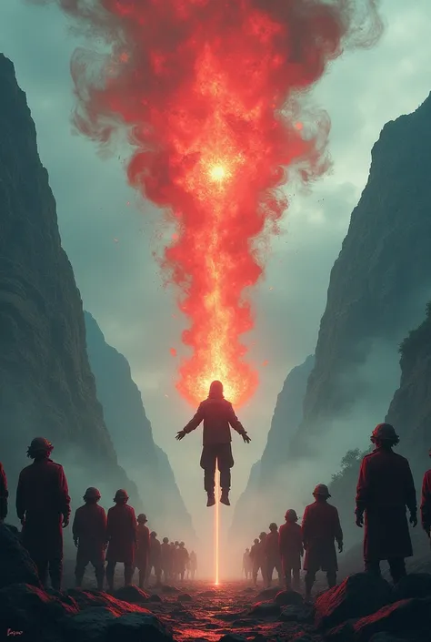 Create a Movie poster named KARMAYUG which consist of a Normal Man flying with a Red Glowing Power source in his HAND and Group of few men watching this from the bottom of the Mountain and I want no face 