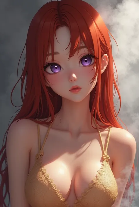 ((a beautiful young asian girl)), ((pale shiny skin)), with long red hair wearing a gold lace bikini top, her face in a close-up portrait, with an ethereal and magical fantasy look, surrounded by a grey smoke mist background, with extremely detailed and re...