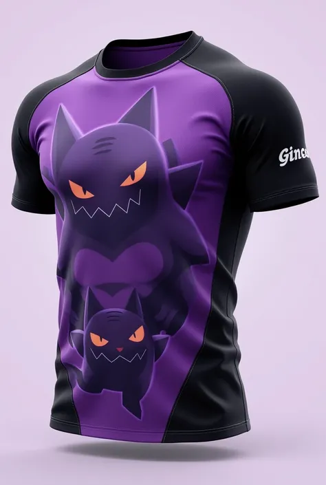 purple sports shirt with the muscular gengar pokemon being a small symbol, with black details and with the mega evolution gengar in the lower left and with more details.