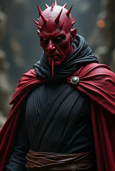 Pure blood sith star wars male with red skin face with spikes next to the eyes and in the chin area 