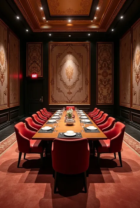 Restaurant VIP Room，Front stage，Left and right walls，10-seater in the middle three seats，Entrance door