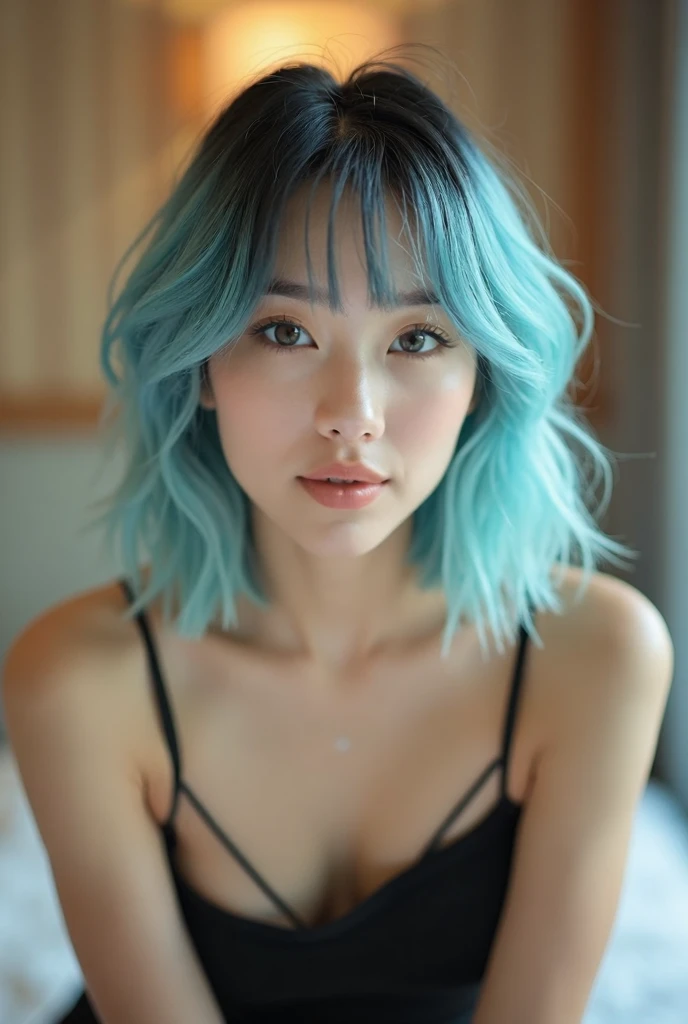 Create a new woman from this image she is 20 years old she is naturally beautiful she was asian girl she has a pastel blue bob haircut with bangs she has well-defined eyebrows she has a black tank top she is taking a selfie in hôtel room 