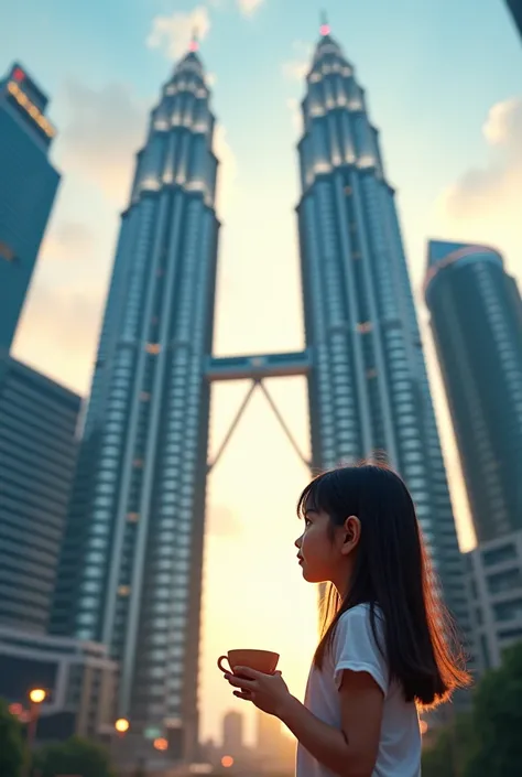 a young girl seeing the twins tower in the Malaysia and He had a cup of tea in his hand
 