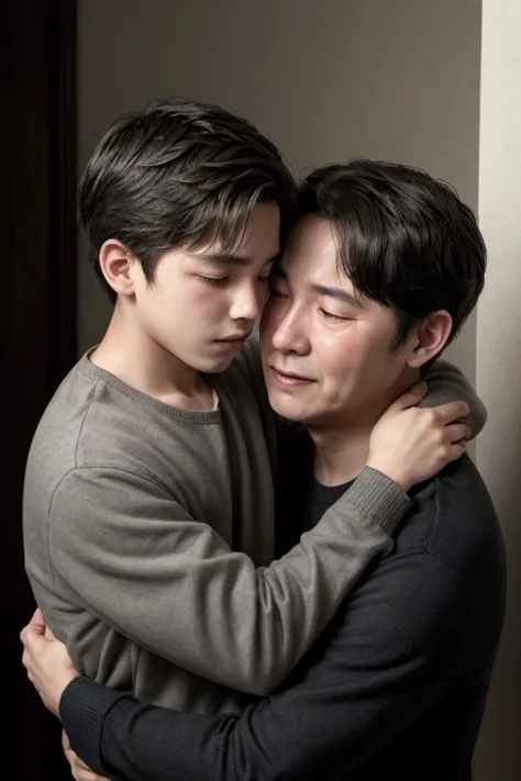 An image where the son, grown up, hugs his father emotionally, as if realizing the depth of his father’s love and support. The fathers expression should be gentle and forgiving.