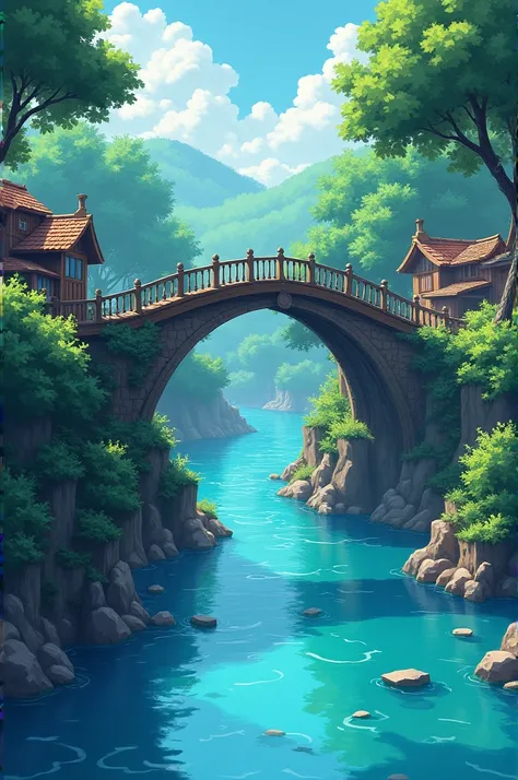 Make a river in anime style and make a broken bridge and bridge and bridge is broken on half