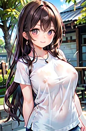 (high quality, High resolution, The finer details, Realistic), Long Wavy Hair、Dark brown hair、Earrings、Modest necklace、Short sleeve white shirt, Tight Denim Mini Skirt, Place your hands behind your back, Clear skies, Strong sunlight, alone, Adult female, S...