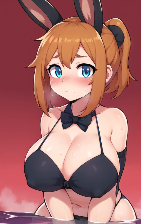 score_9,score_8_above,score_7_above, score_safe, Alone,1Girl,blue eyes,Yellow hair,multicolor fur,High ponytail,He drowned,neckline,curves,sweat,blush,Shy,colored eyes,covering the breasts, steaming body,black bikini,black rabbit ears,black tie,daicon_litt...