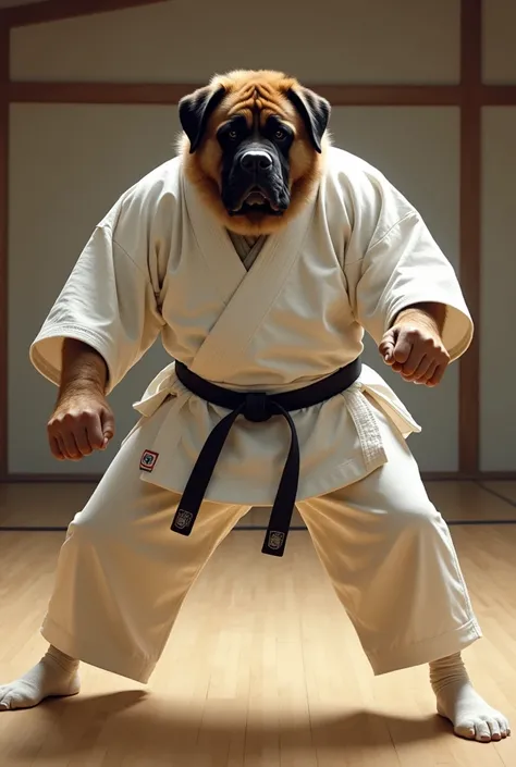 Saint Bernard judo dog wearing a white kimono in a Mahawa style dojo