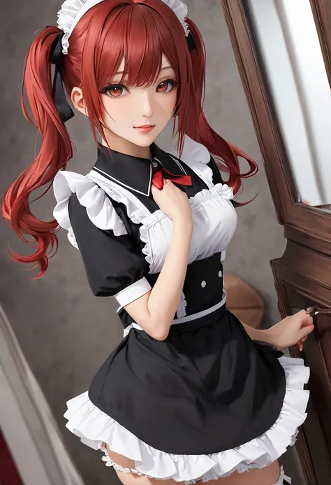 超高解像度のRealisticフォト.maid服と着物を組み合わせた衣装を着たgirlのポートレート、maid服の可愛らしさと日本の伝統美を基調とした着物の美しさが奇跡的に融合.、Imagine a beautiful prostitute、girl.Beautiful red hair in twin tails、maid&#39;A hair ornament with Japanese-style decoration on the head.、Wear a gorgeous and beautifu...