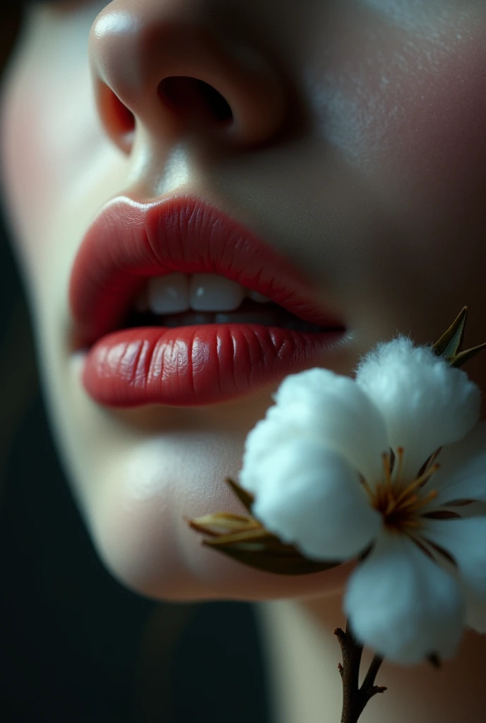 Someone whose lips are only visible, that your lips look velvety, that they are white and have a cotton flower next to them.