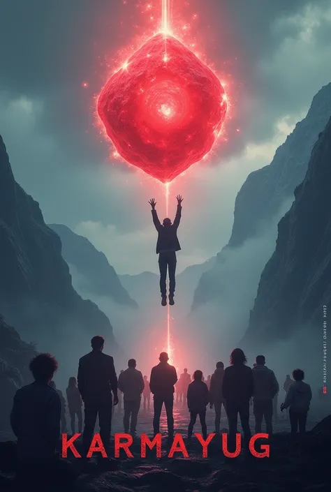 Create a Movie poster named KARMAYUG which consist of a Normal Man flying above in air with a Red Glowing stone in his HAND and Group of few men watching this from the bottom of the Mountain and I want no face 