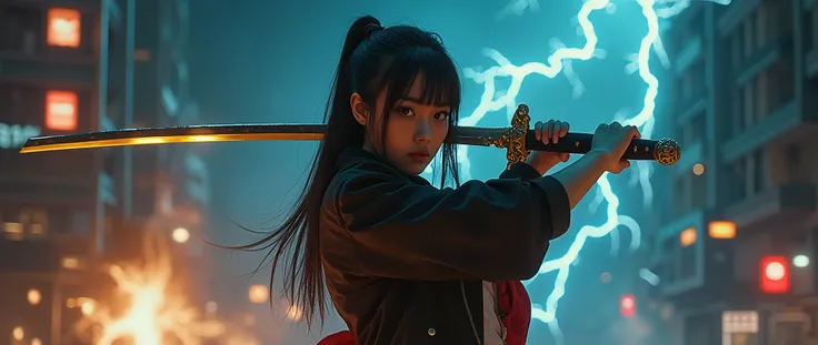 Dark, Masterpiece,HDR, Realistic, cenematic lights, a hot girl in Japanese school skirt holding a katana  golden sword at the right side of the image ,long straight hairs ,night ,future , highly detailed background ,electricity ,shock waves ,fire sprinkles...