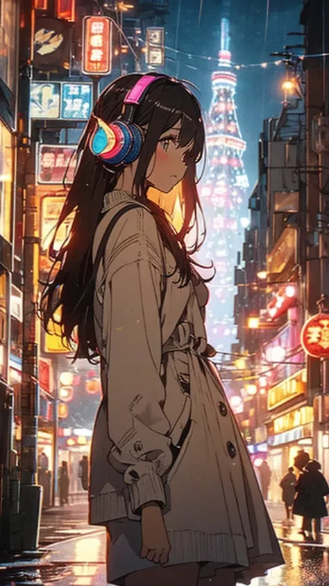 Retro night city, Neon Signs, Road surface after the rain, A girl wearing 80s fashion headphones, Sepia, Soft Light, Nostalgia, City Night, 8-bit style pixel art elements, Film Grain Effect　Tokyo Tower