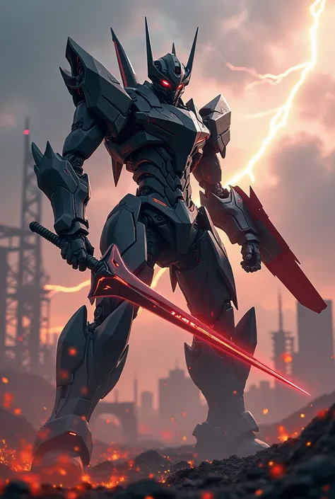 a super sleek, sharp, cool mecha, flying, hover, mechanical parts, holding sleek sword, shield, futuristic design, many lightning, fire background, sky background, fallen city, war. Fighting pose, light, laser shoot, black and red paint, shiny eyes, ninja ...