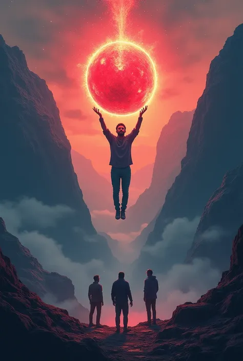 Create a Movie poster named KARMAYUG which consist of a Normal Man flying above in air with a Red Glowing stone in his HAND and  few men watching this from the bottom of the Mountain and I want no face 