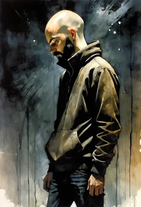 young man, very thin, bald with a black beard, jeans and sweatshirt, hands in pockets, walks with his head down while the universe breaks behind him, black and white image, between shadows, oil painting, chiaroscuro, dramatic lighting, moody atmosphere, ph...