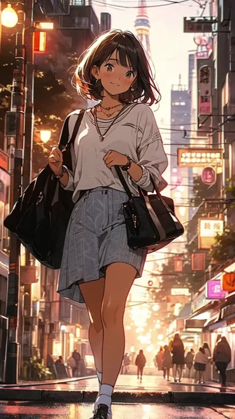 Street fashion girl　　lofi retro　stylish　１９８０S　city　evening　Tokyo Tower in the background