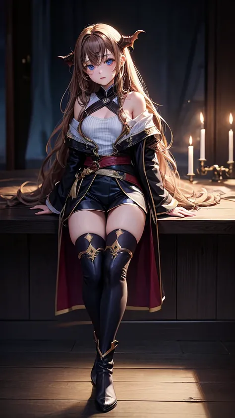 Girl with long light brown hair with waves, blue eyes medium breasts, Demonic mark on forehead and thin waist Long robe, medium shorts and small boots with long socks