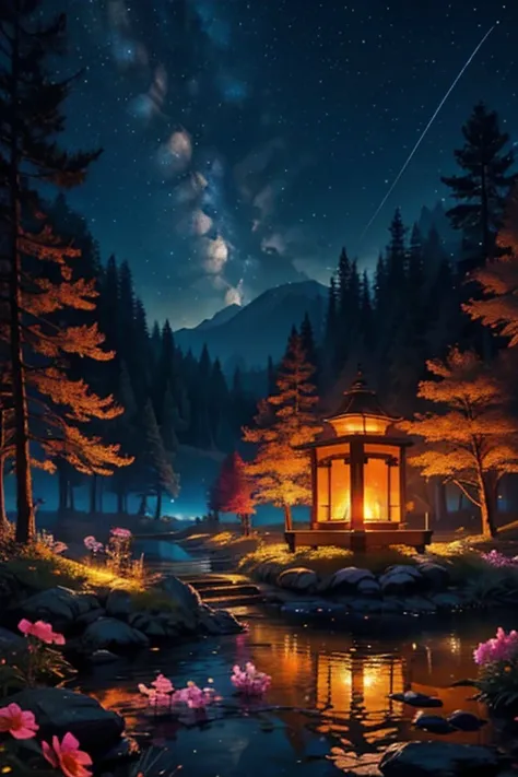 masterpiece, great composition, top quality, lake in the night forest, trees, shining in the moonlight, flowers, illuminated by the fire, Beautiful starry sky, sky lanterns